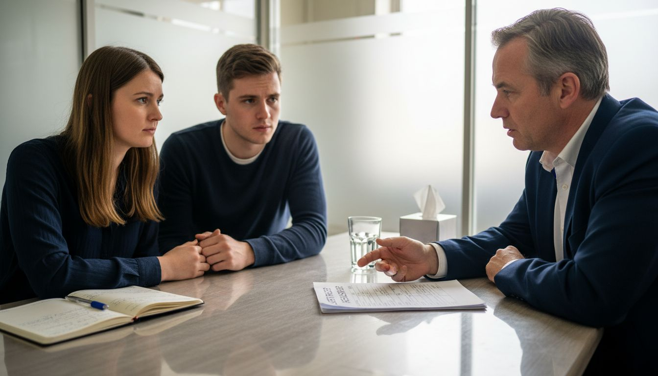 Couple consulting with solicitor at law office