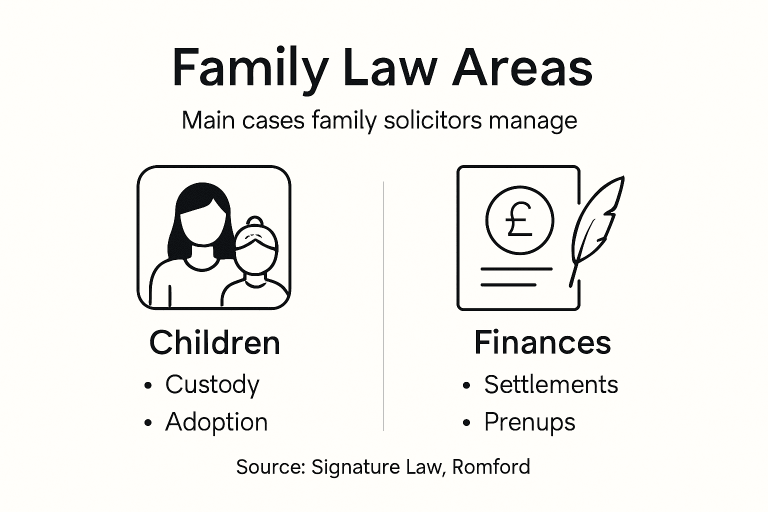 Infographic showing family law areas and main cases