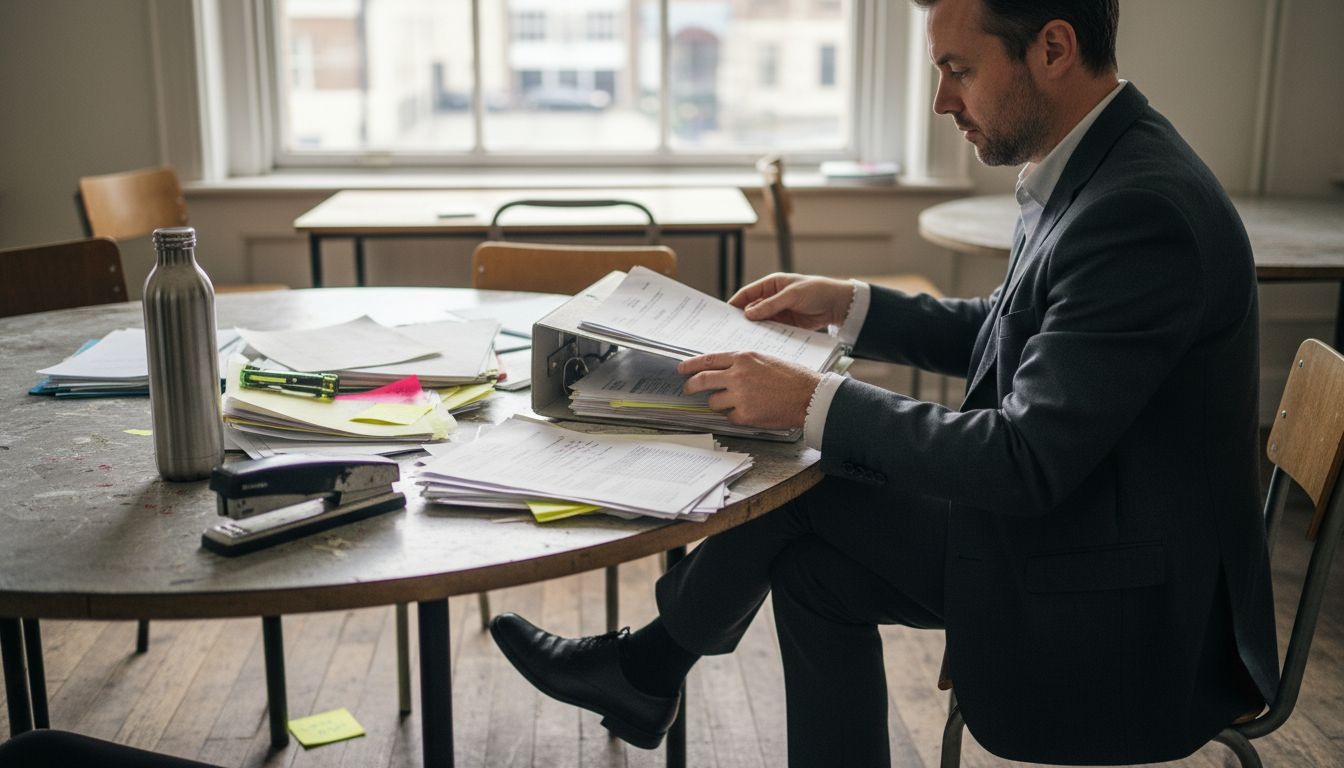 Solicitor checks client financial documents at table