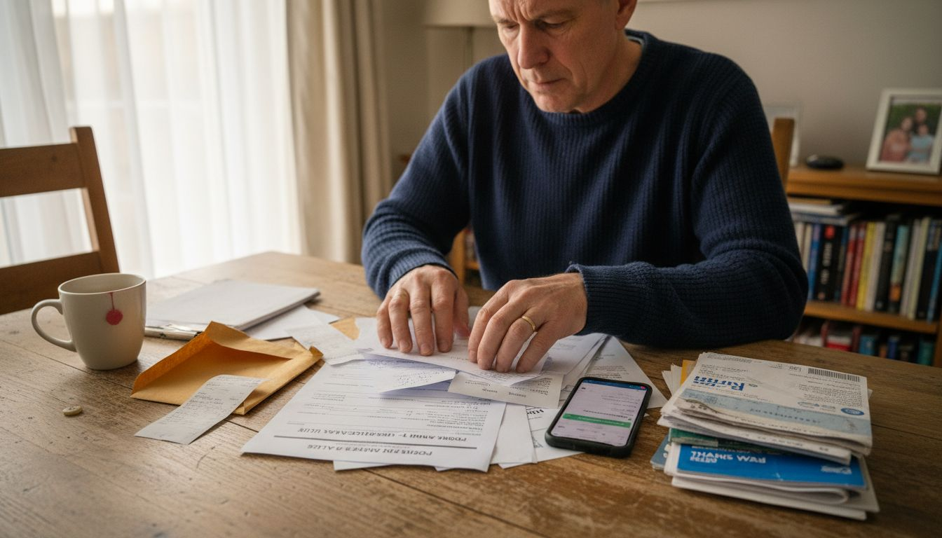 Man organizing probate forms and fee receipts