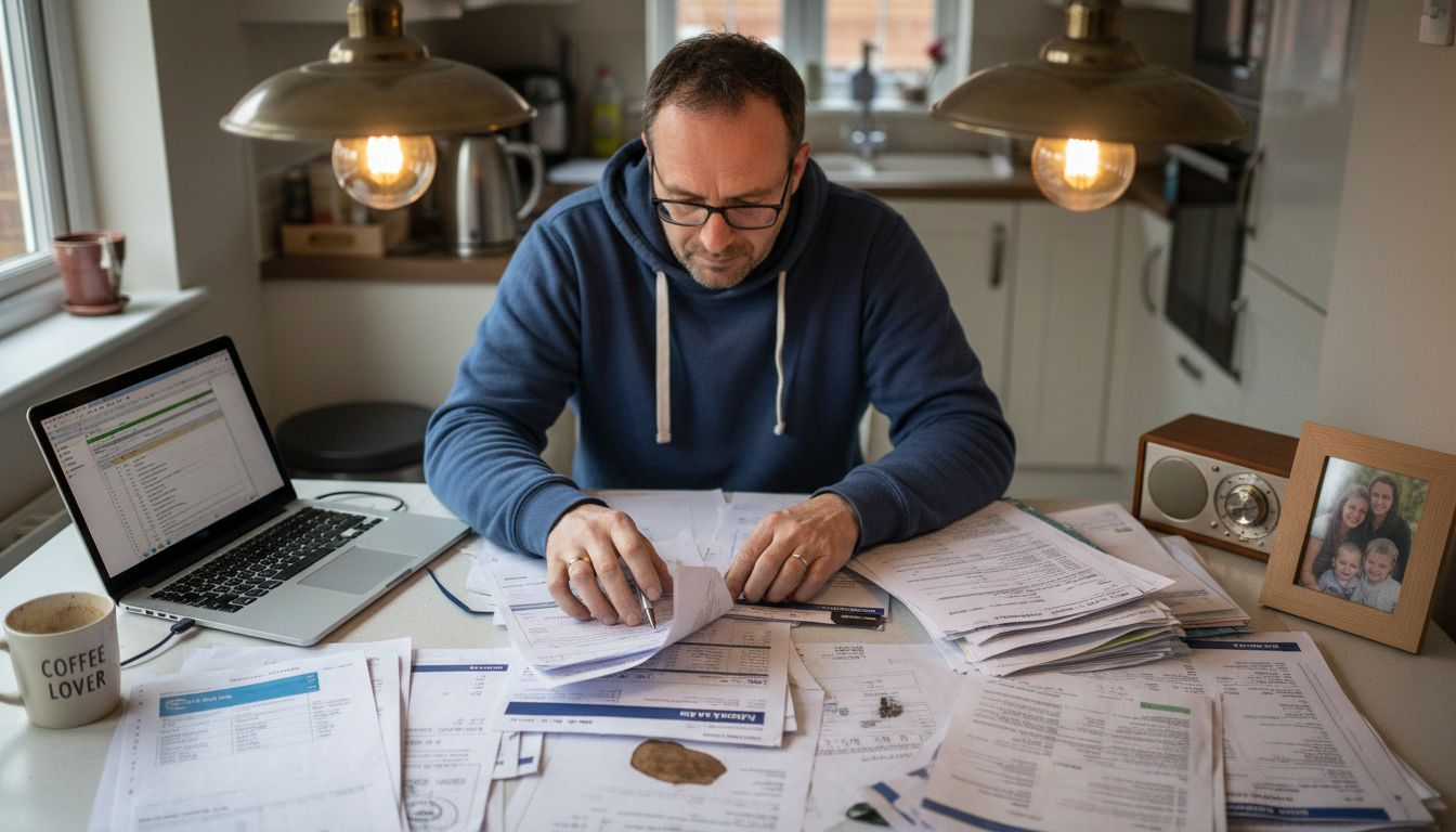 Man reviewing financial documents at kitchen table