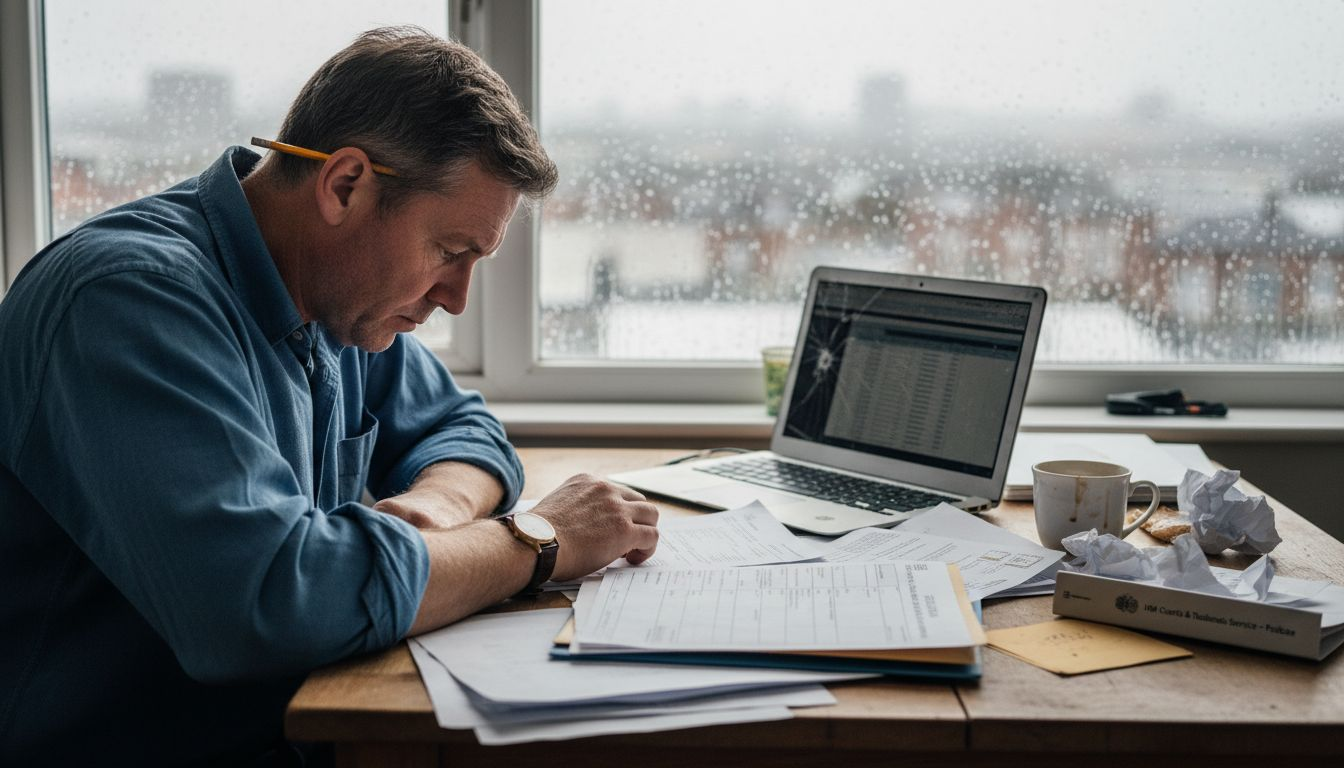 Man organizing probate paperwork at kitchen table