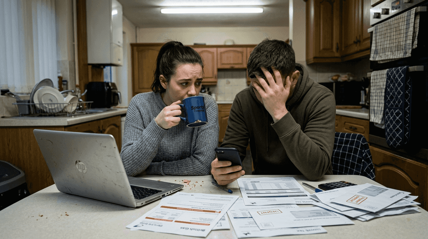 Worried couple at table with property paperwork