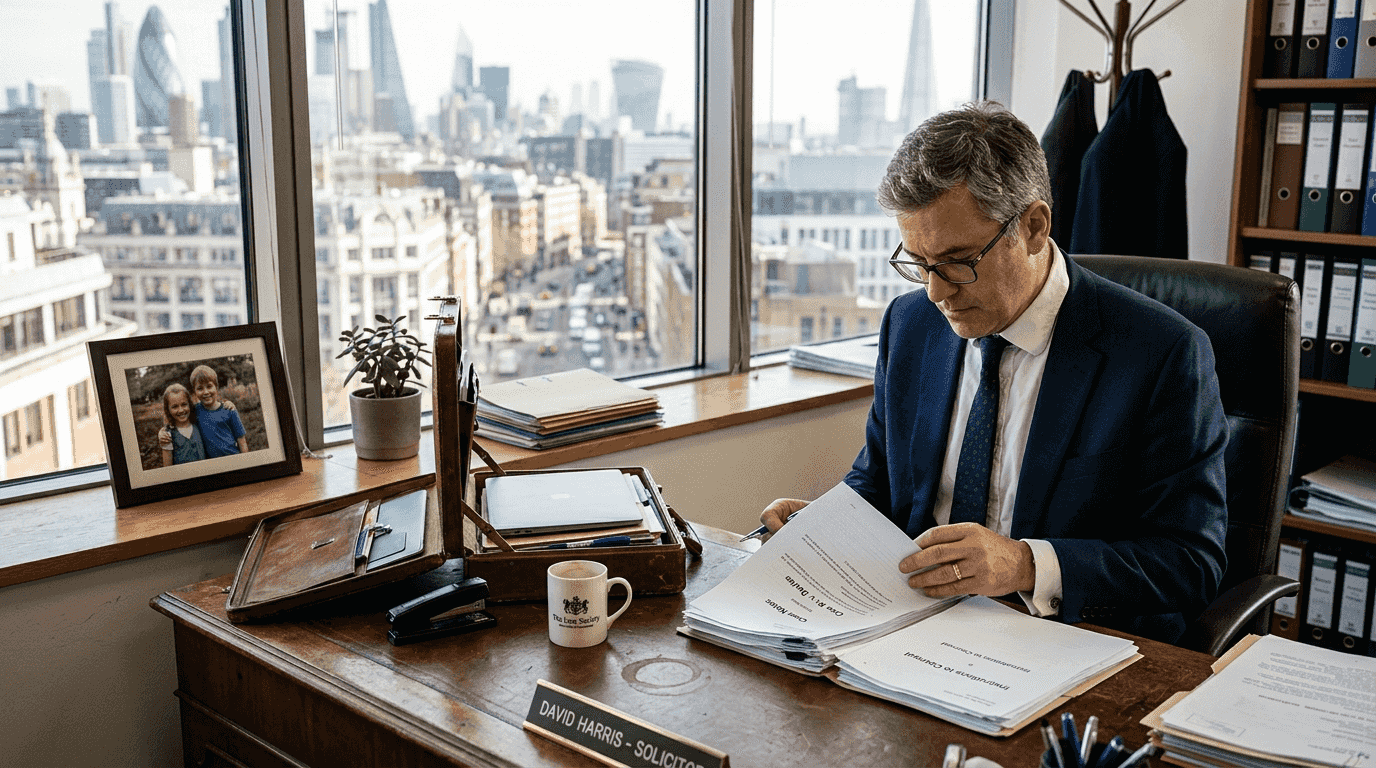 Solicitor reviewing legal documents in corner office