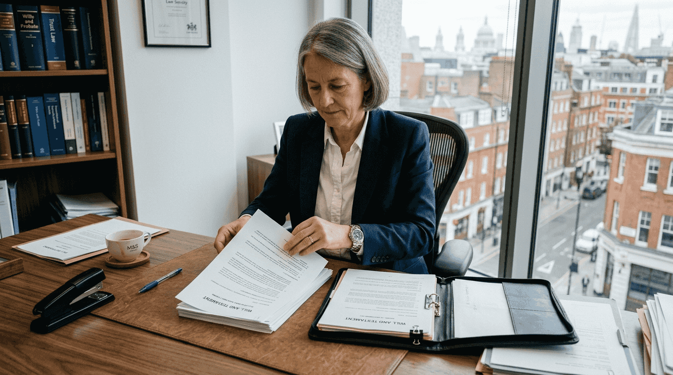 Solicitor organizing will documents at her desk