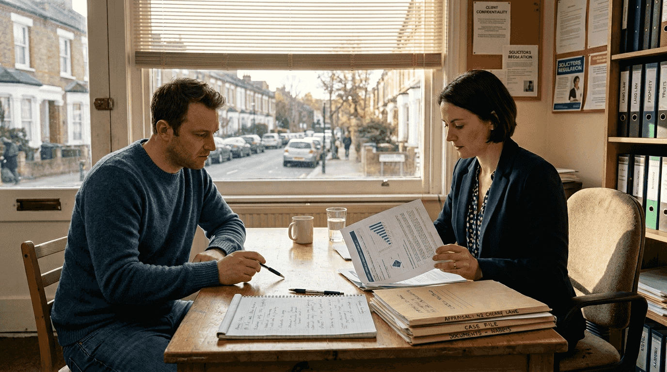 Solicitor and client discuss property valuation documents