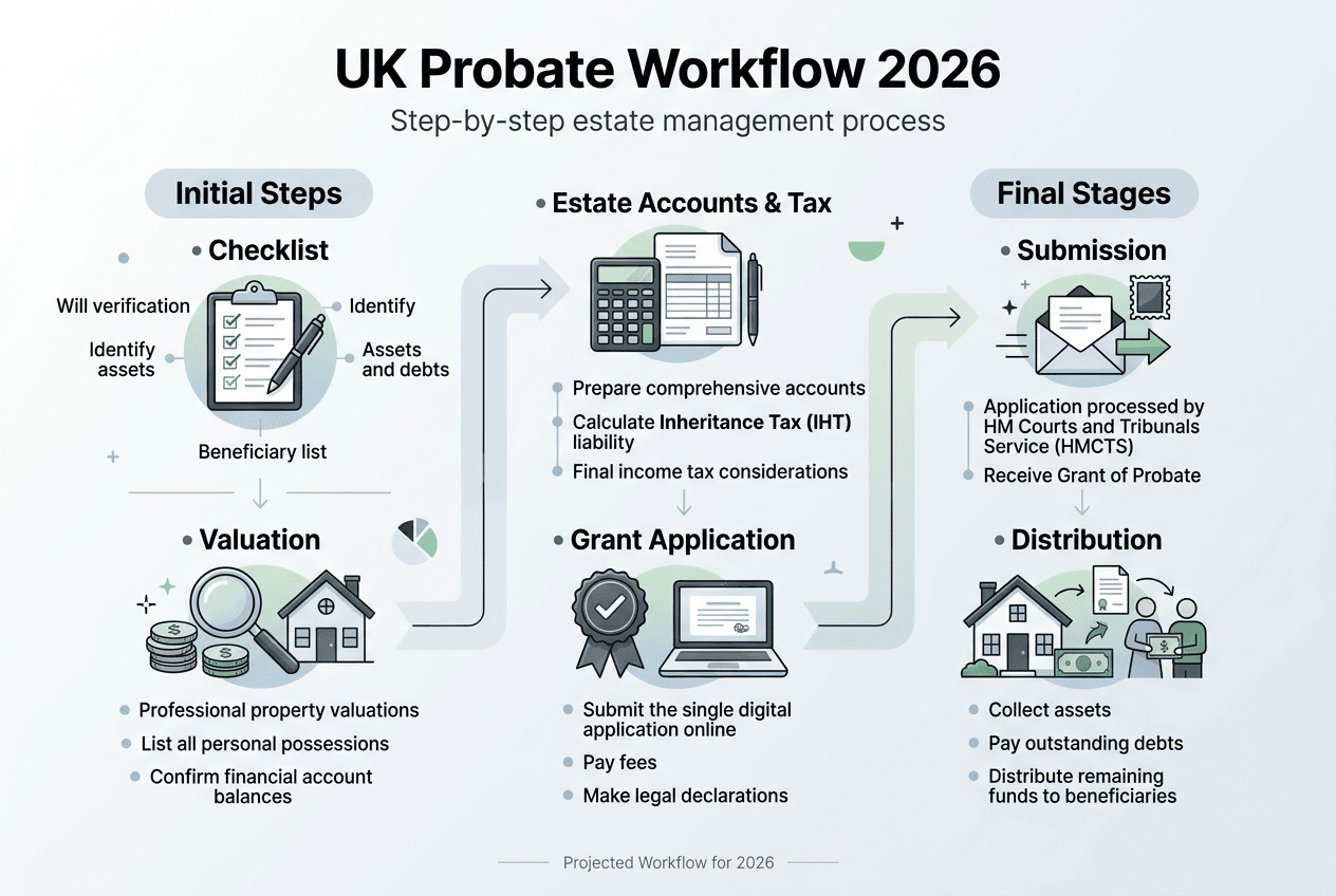 Infographic showing UK probate workflow steps