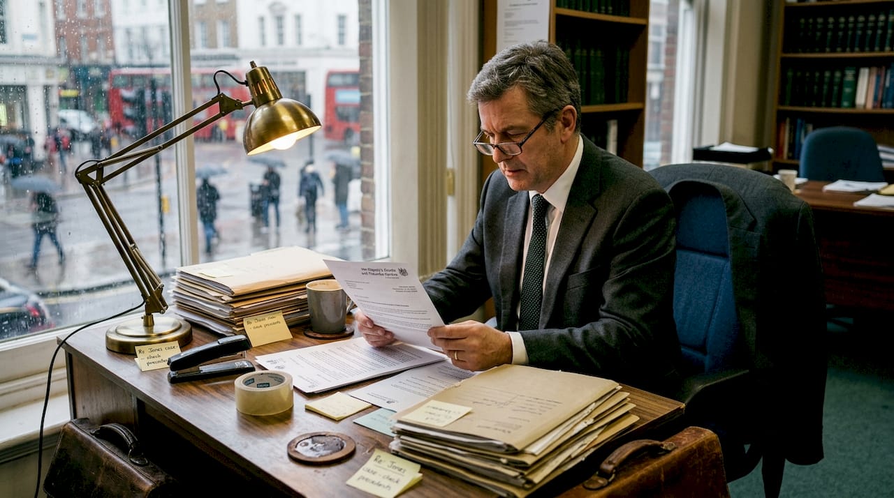 Solicitor reading legal documents at cluttered desk