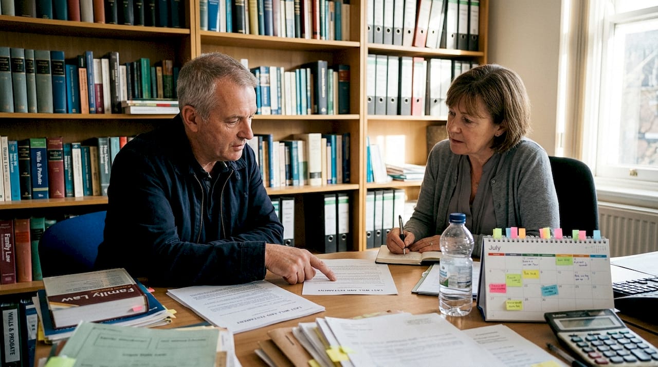 Client discussing will with solicitor after divorce