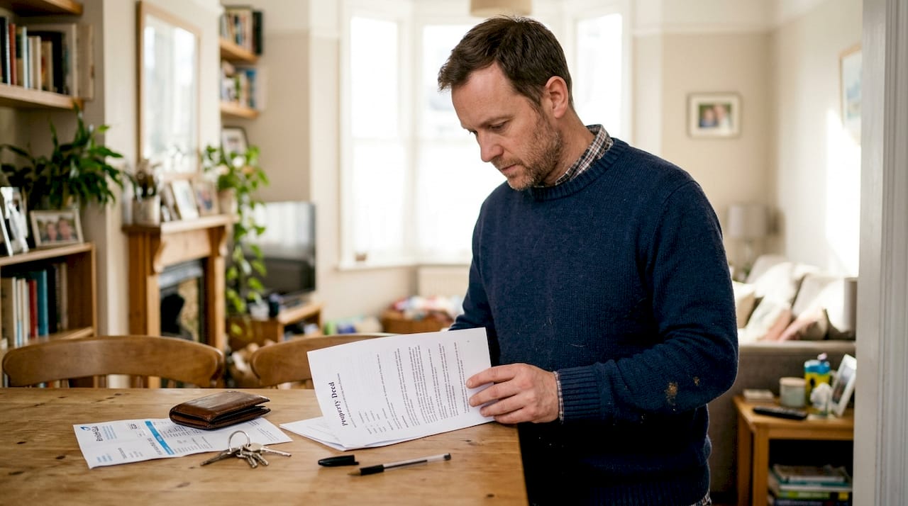 Man reading property deed by dining table