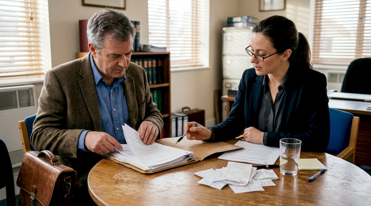 Solicitor and landlord reviewing property dispute paperwork