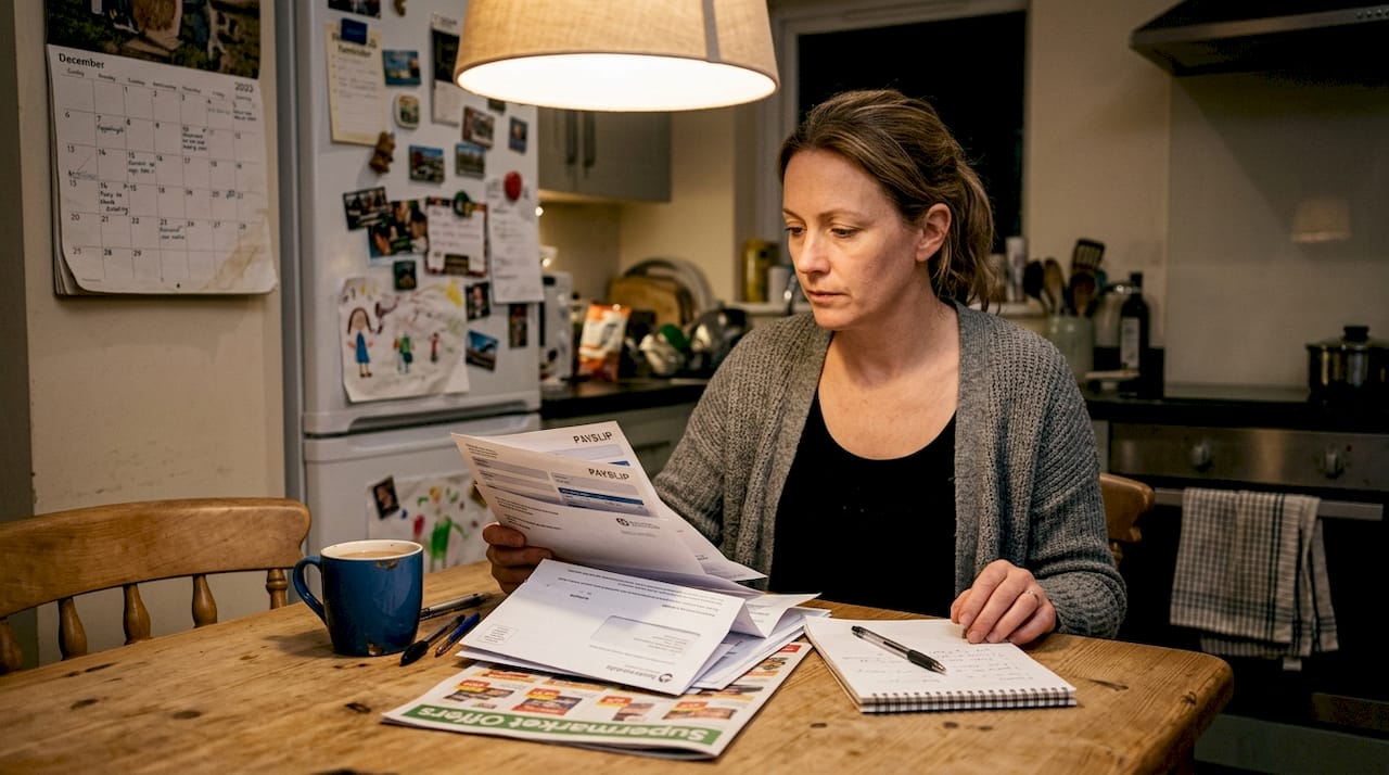 Woman reviewing eligibility papers at kitchen table