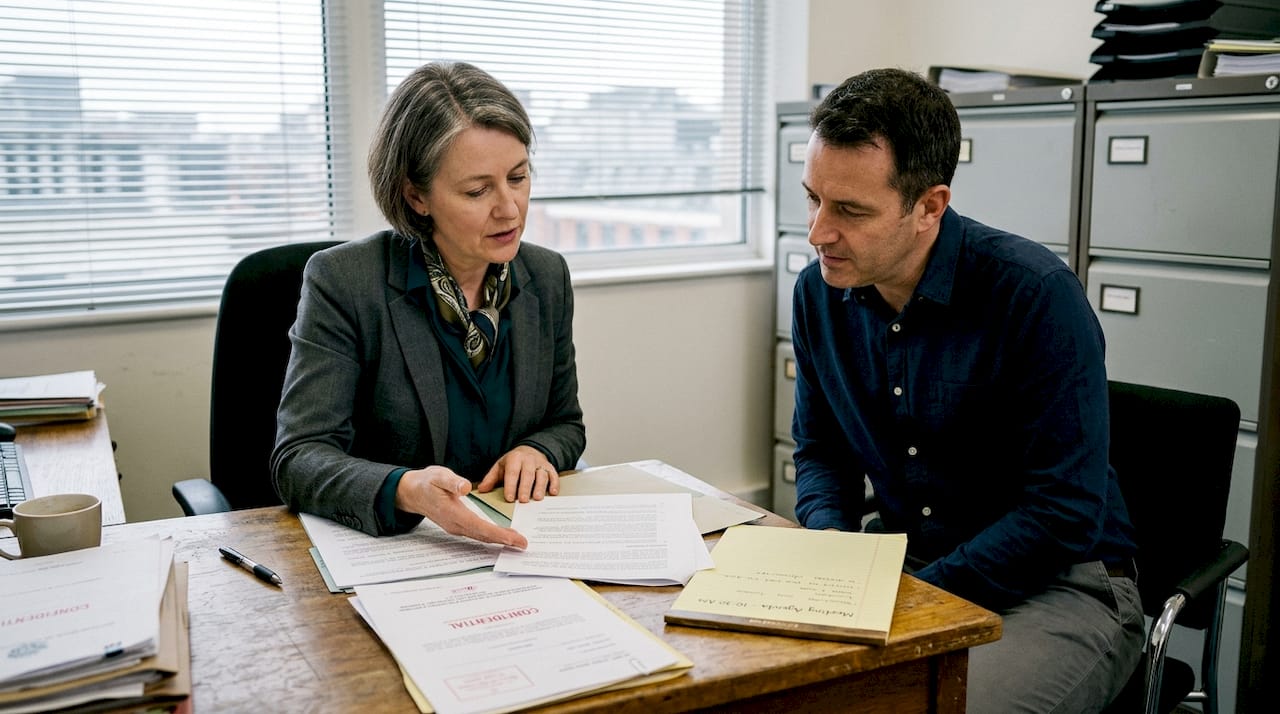 Solicitor and client discussing property agreement