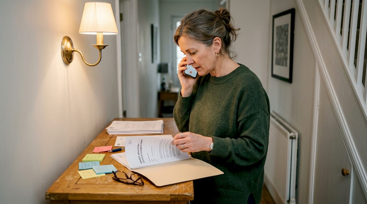 Woman organizing probate documents in hallway