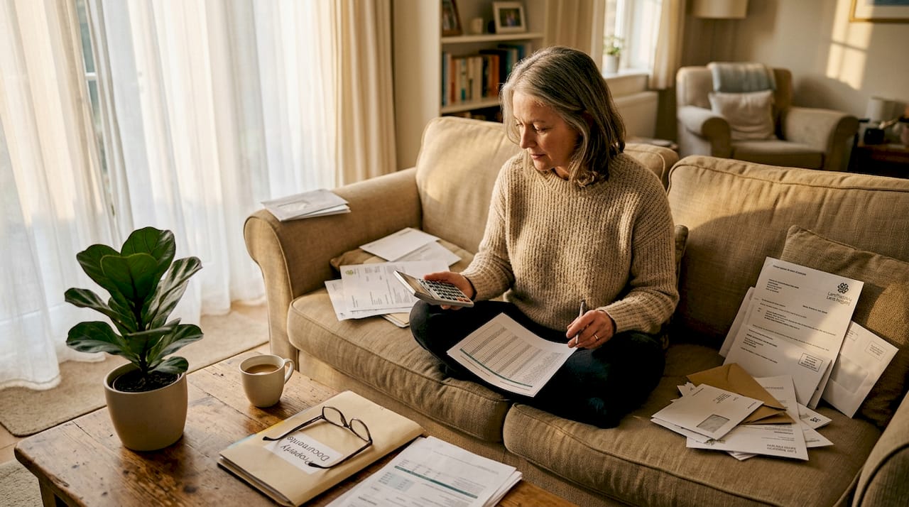 Woman reviewing finances in UK living room