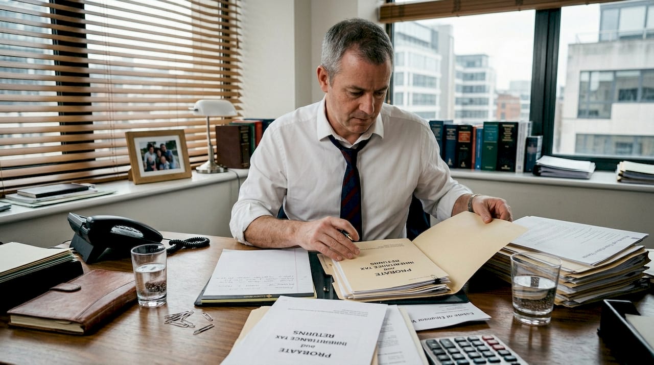 Solicitor sorting inheritance paperwork city office