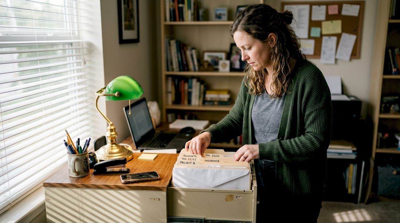 Woman searching files in home office for will