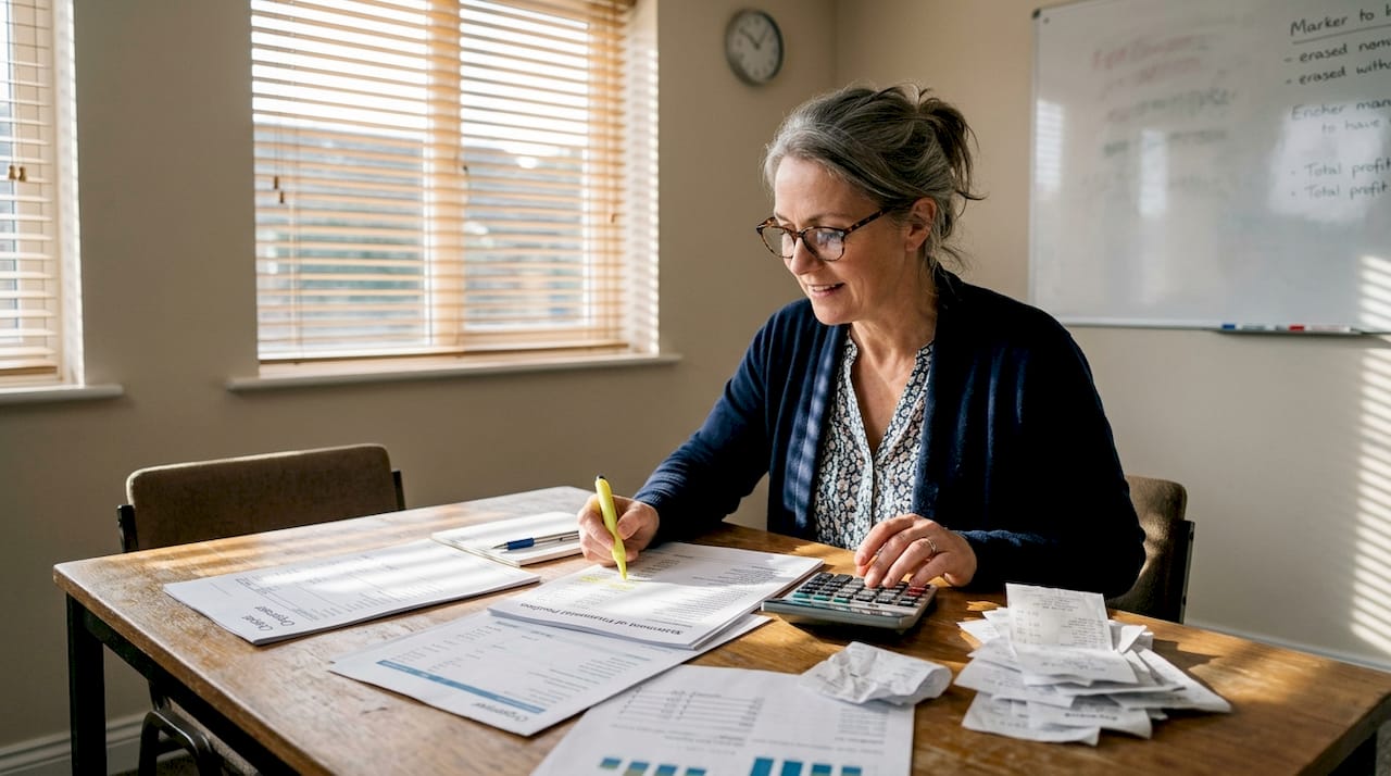 Accountant reviewing business documents at meeting table