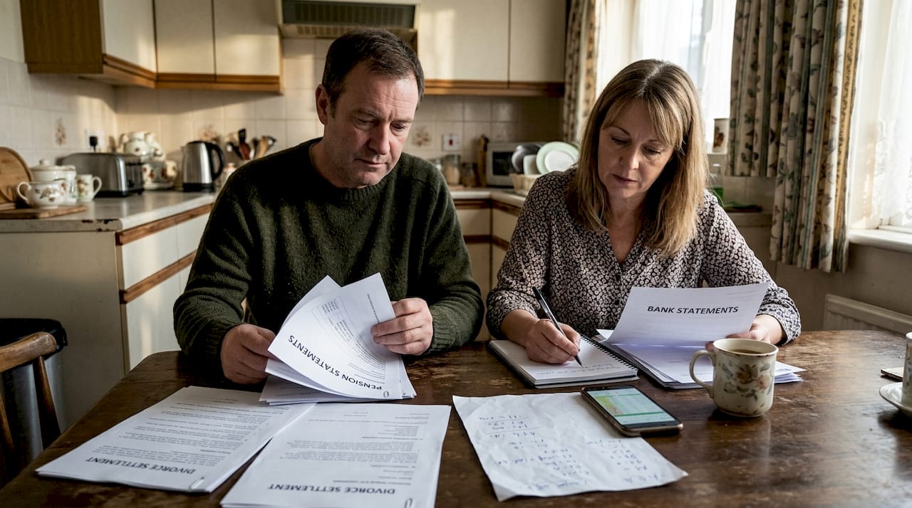 Couple reviewing asset division paperwork