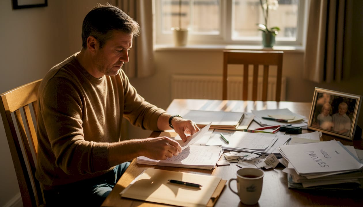 Man organizing legal paperwork for divorce