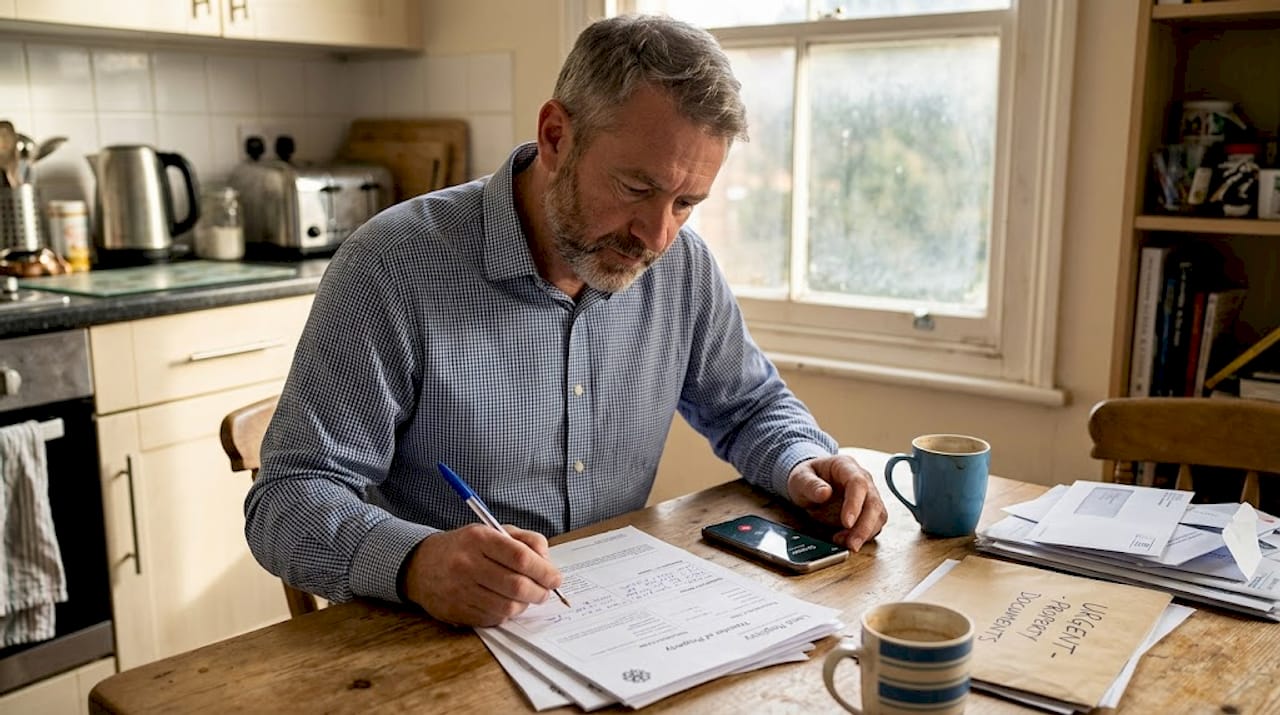 Man reviews property transfer forms at kitchen table