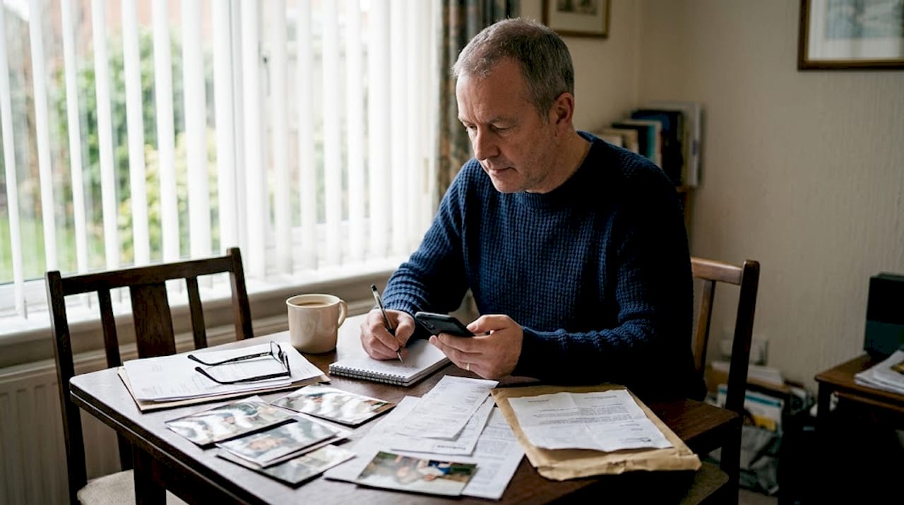 Man organizing evidence at home table