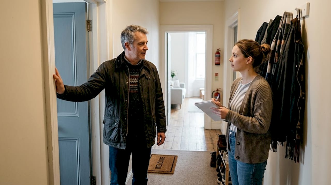 Tenant and landlord discuss tenancy rights in hallway