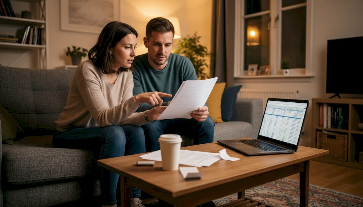 Couple comparing solicitor quotes in living room