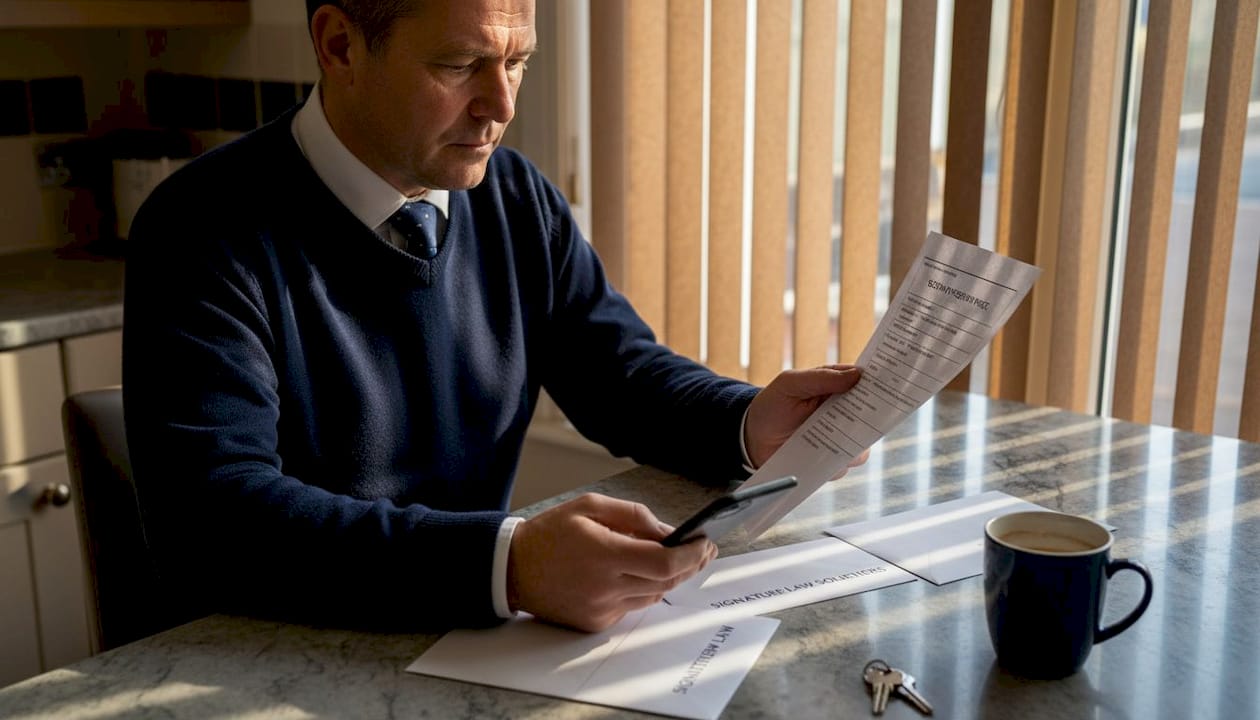Landlord reviews legal notice at kitchen counter