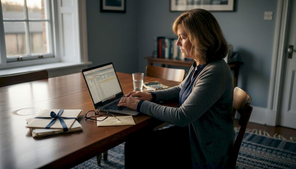 Woman updating asset list at home table