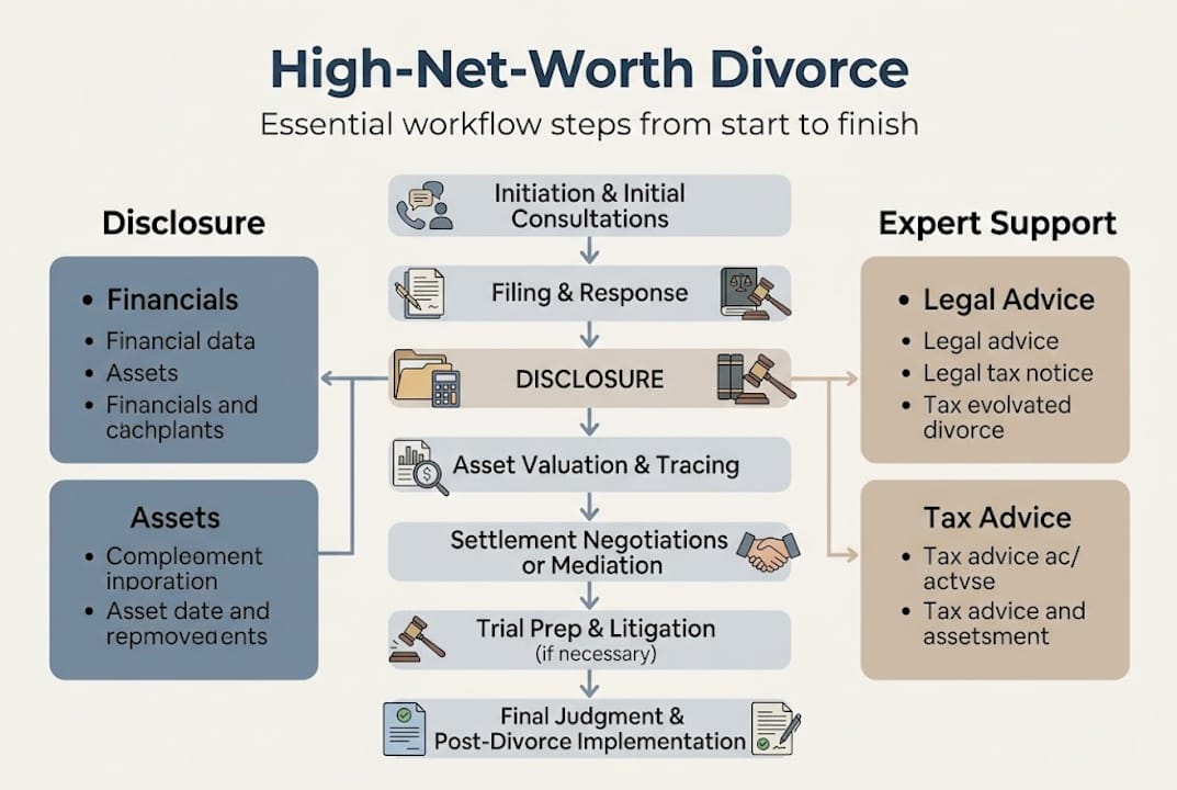 Infographic showing high-net-worth divorce workflow steps