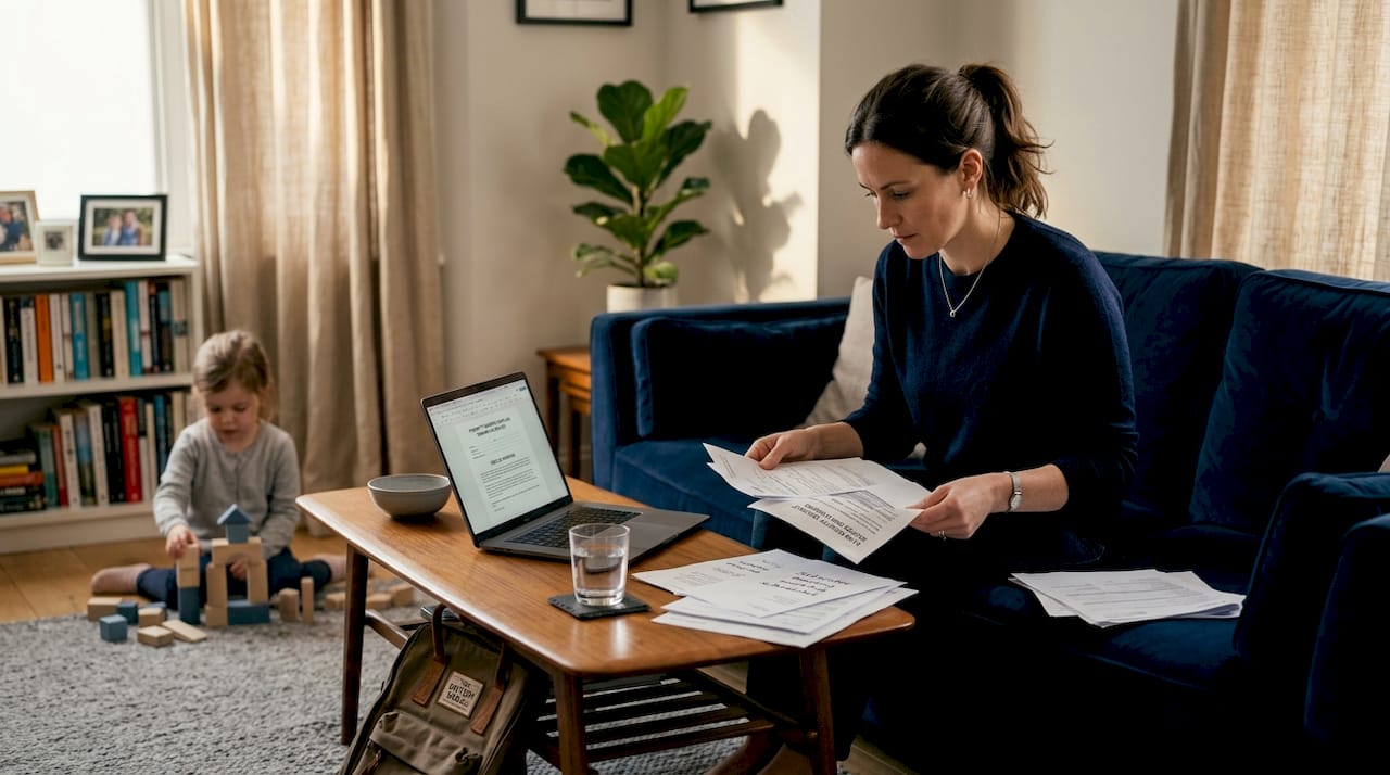 Mother with child sorting property paperwork