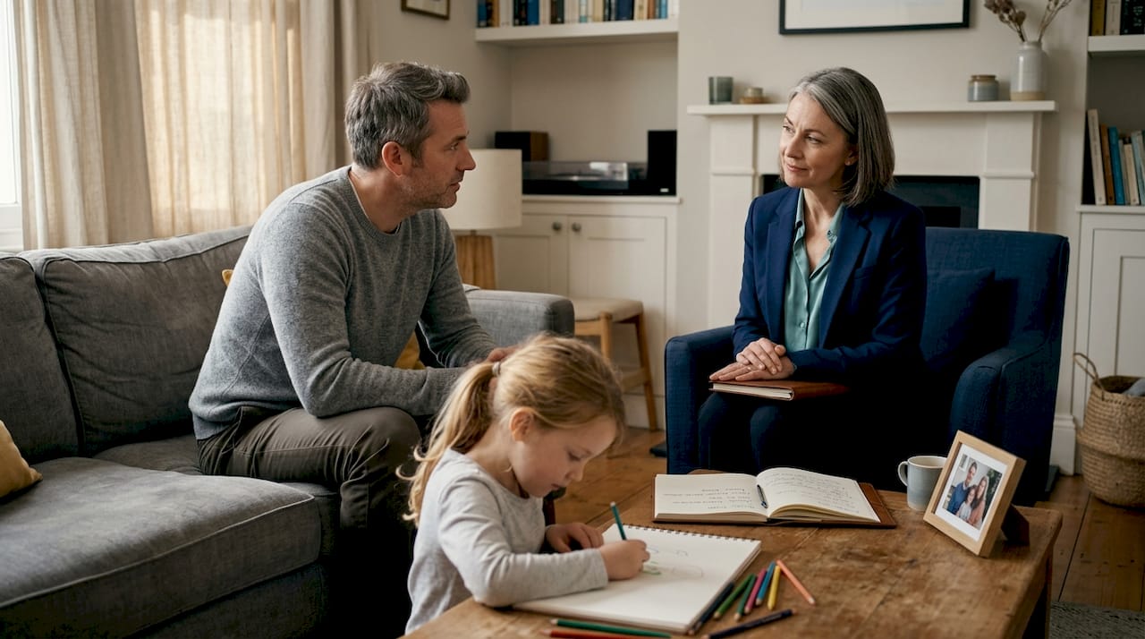 Family discussing mediation in living room