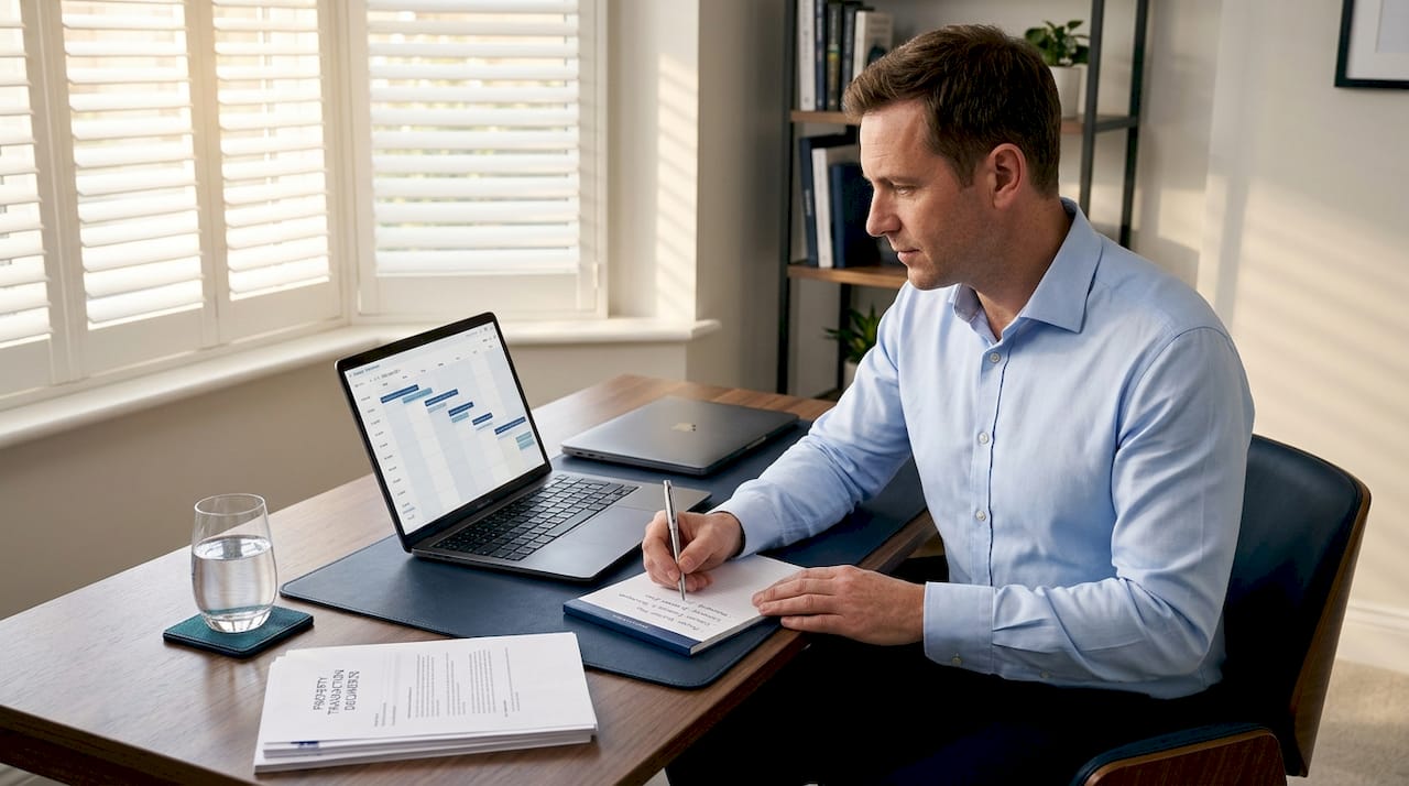Man updating sale timeline in home office