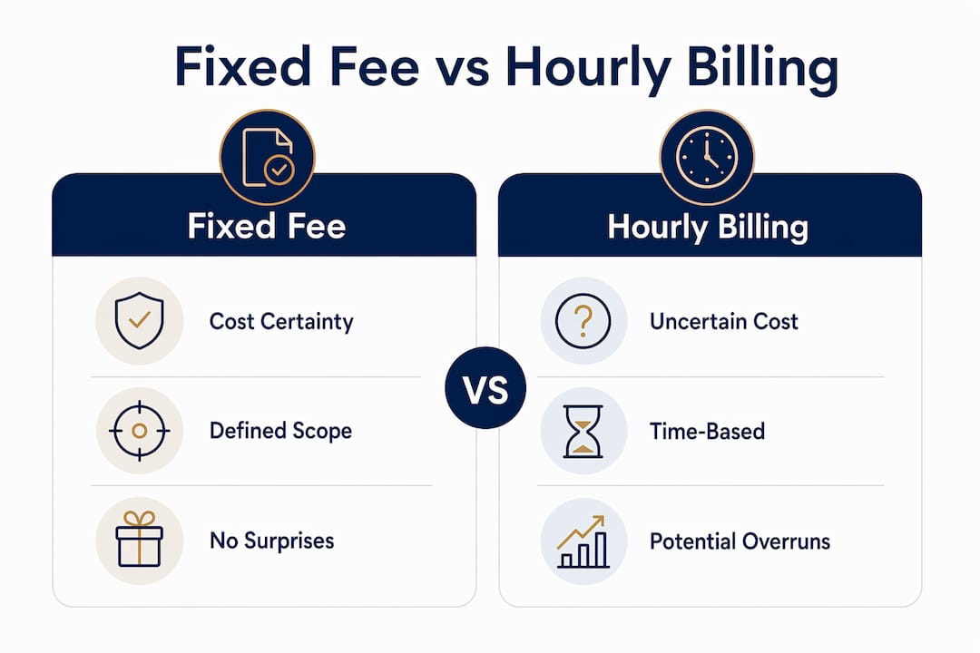 Infographic comparing fixed fee and hourly legal billing