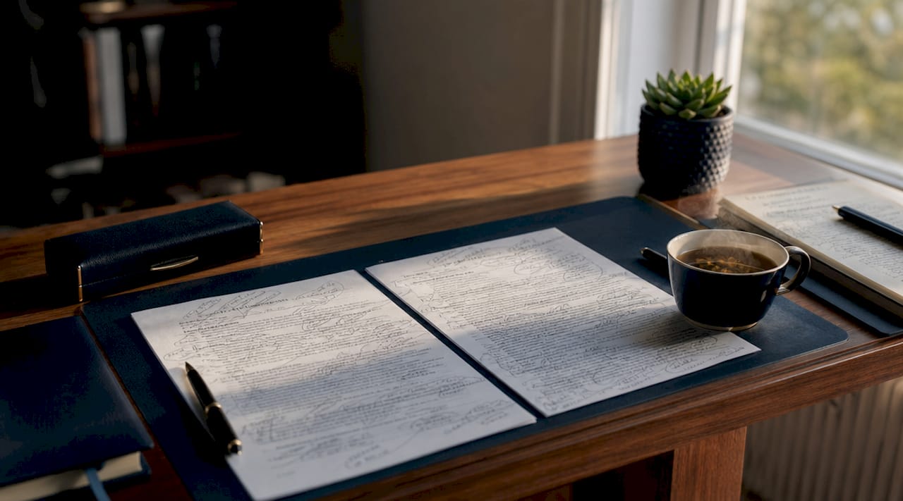 Overhead view of legal will dispute documents on table