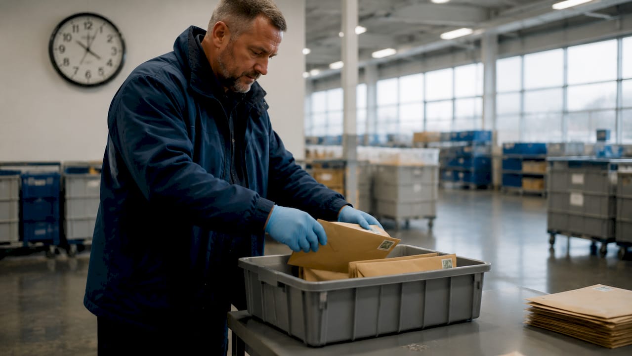 Postal worker sorting court documents