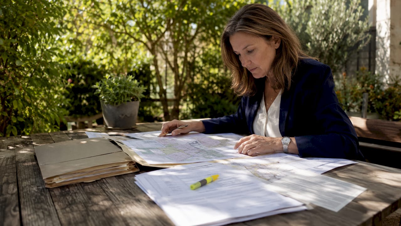 Hands sorting property reports and maps