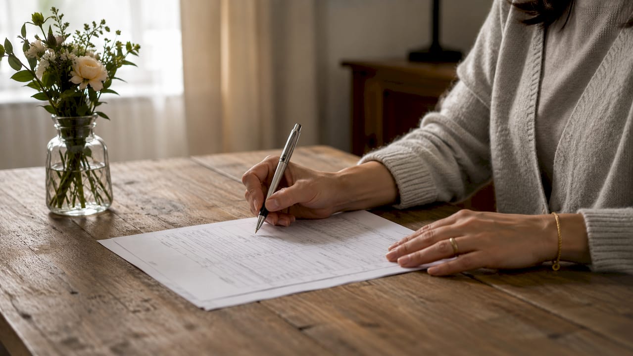 Hands completing UK home rights registration form