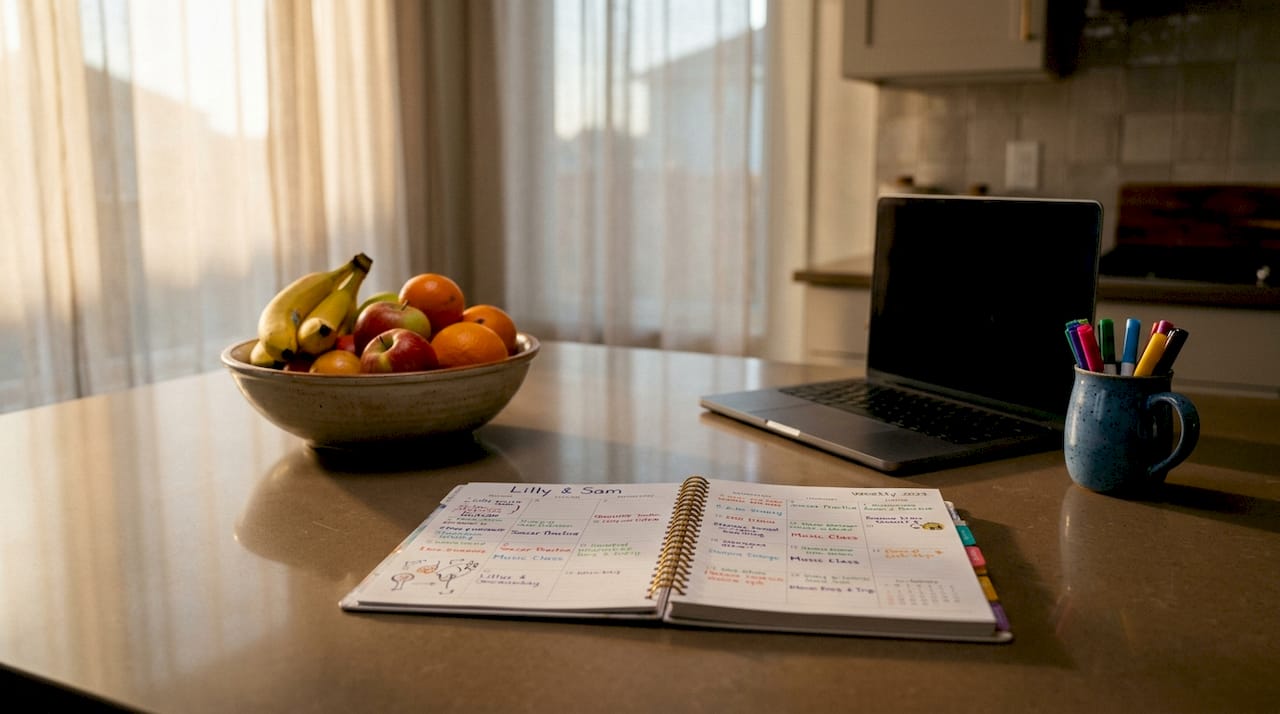 Home office desk with child schedule planner