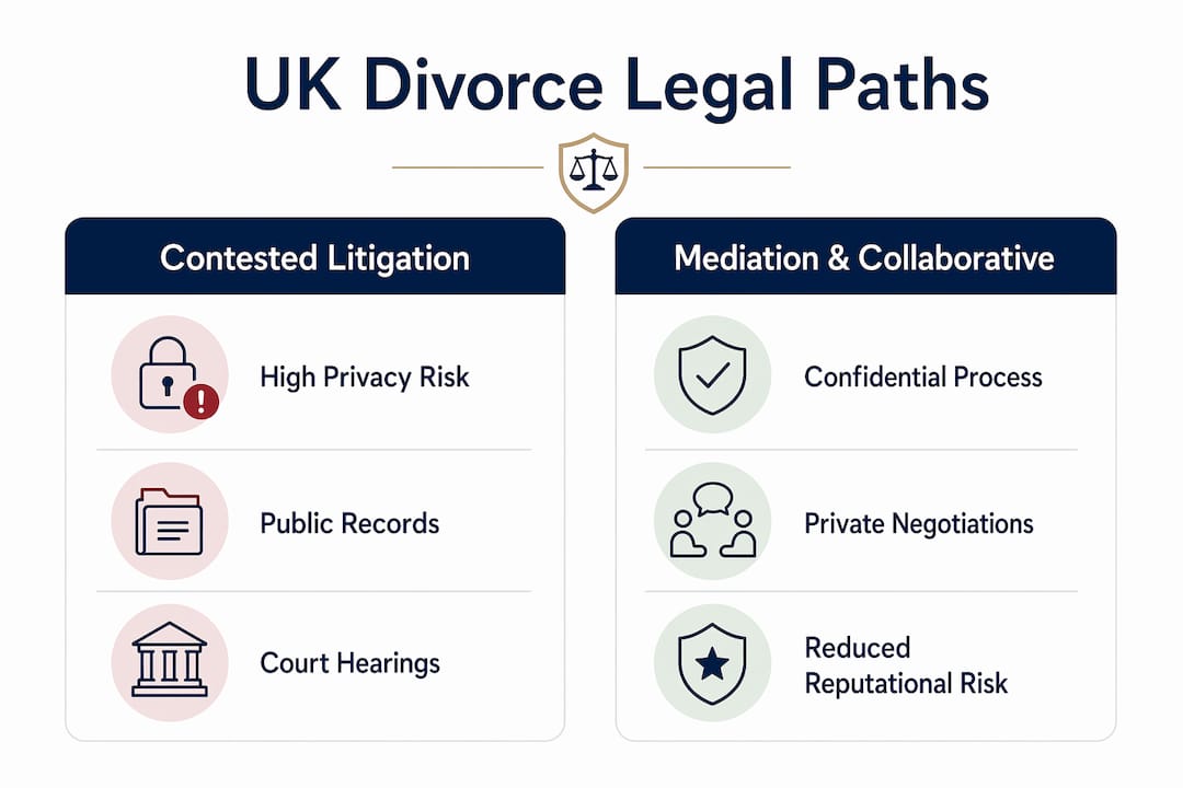 Infographic comparing divorce legal strategies on privacy and risk