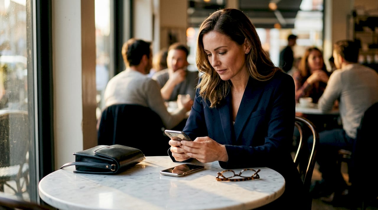 Hands typing on smartphone at café table