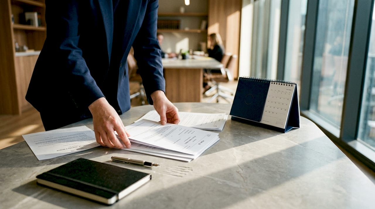 Person handling court paperwork on table