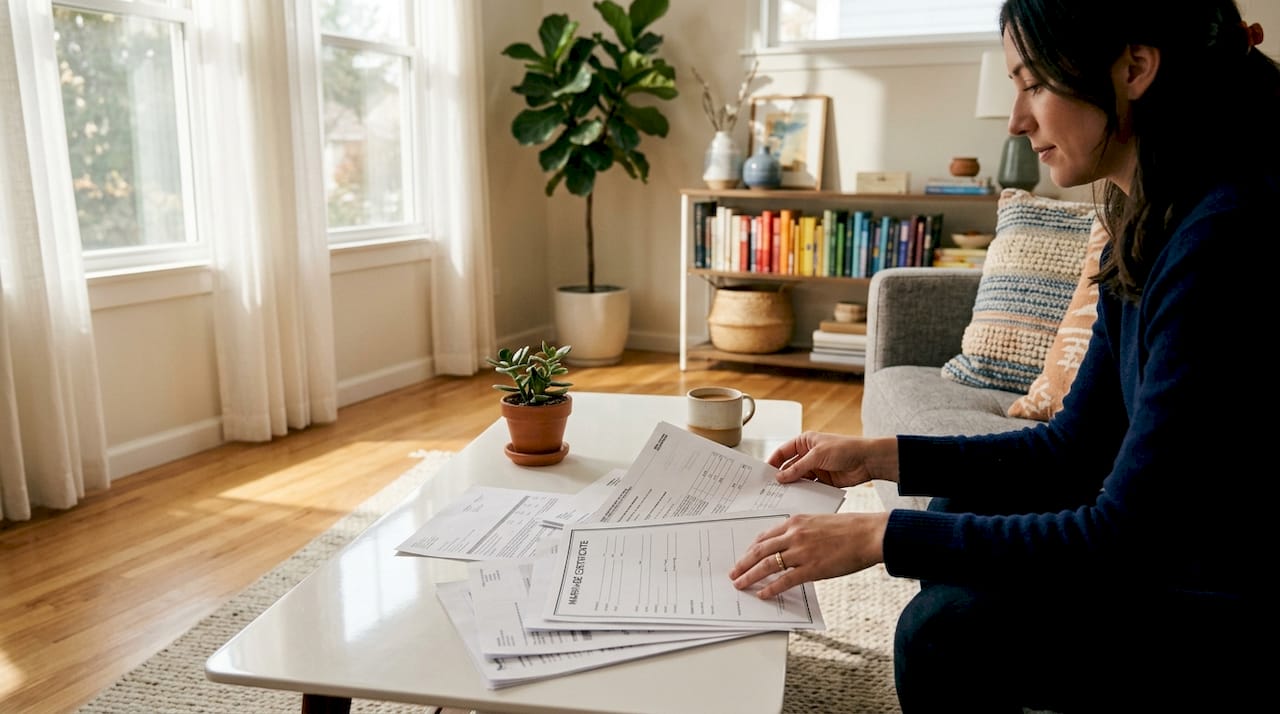 Hands organizing divorce preparation documents