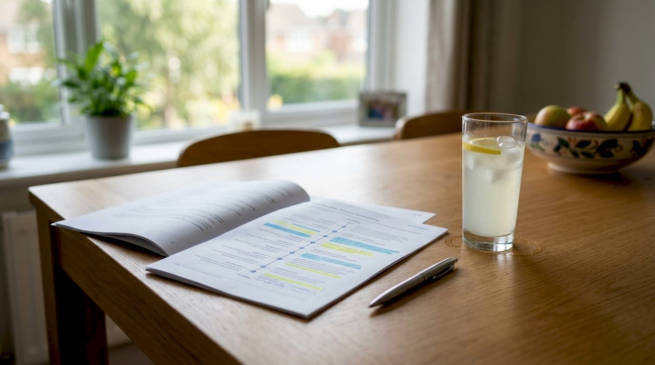 Overhead view of conveyancing timeline notes on kitchen table