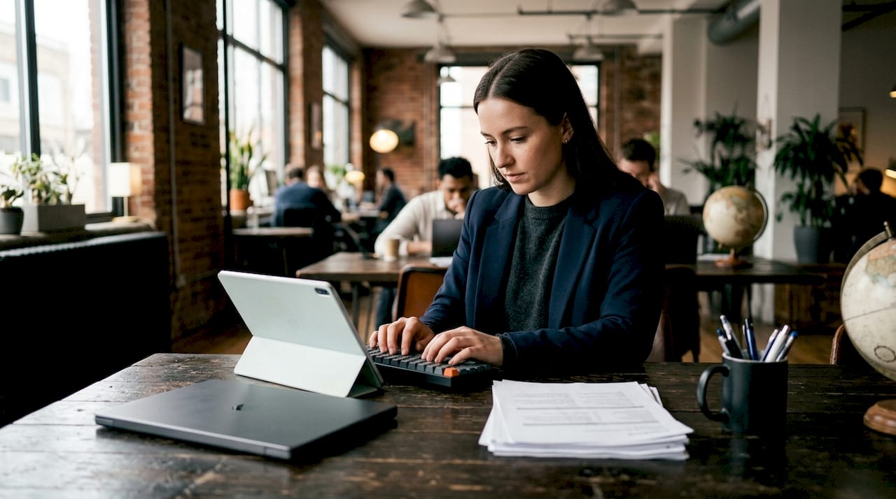 Young professional typing at desk with tablet