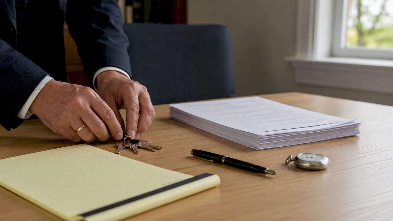 Overhead view of legal desk with keys and documents