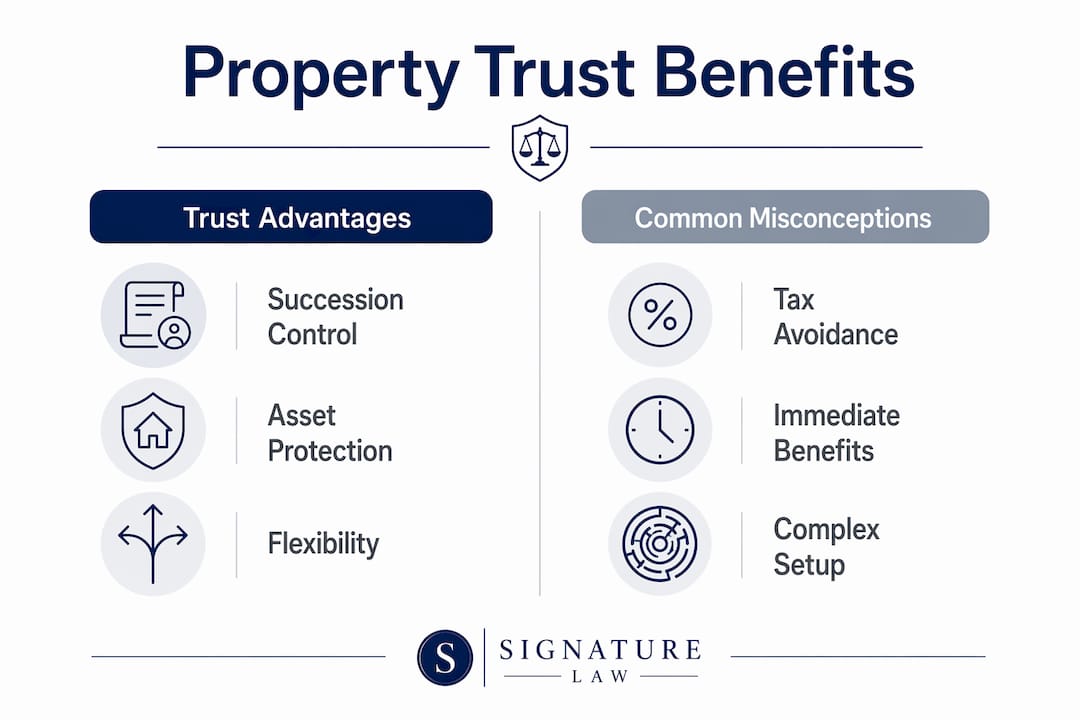 Infographic comparing property trust benefits and misconceptions