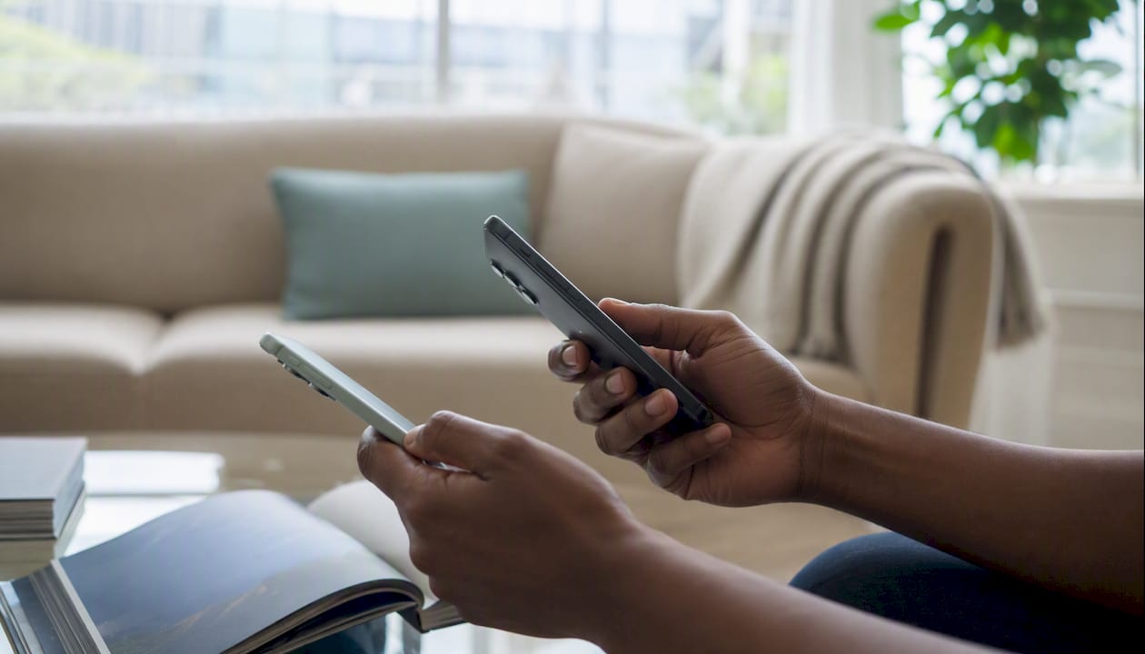 Hands comparing two smartphones