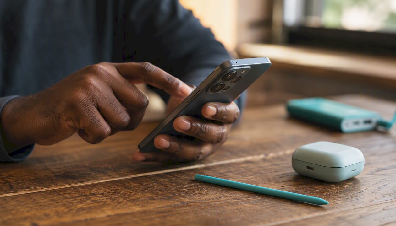 Hands using smartphone with AI features